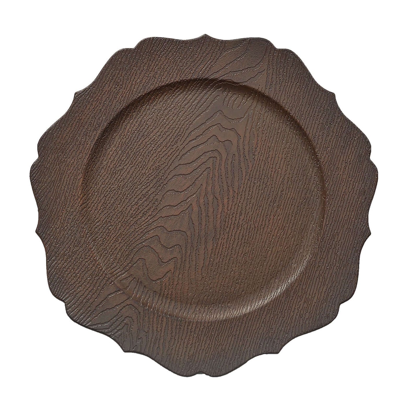 6-Pack Acrylic Round Charger Plates 13" in Rustic Brown with Wood Grain Scalloped Rim, Decorative Dinner Party Charger Tableware