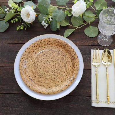 25-Pack Paper 9" Round Dinner Plates Natural with Woven Rattan Print - Rustic Farmhouse Disposable 300GSM Party Plates for Country Chic Celebrations