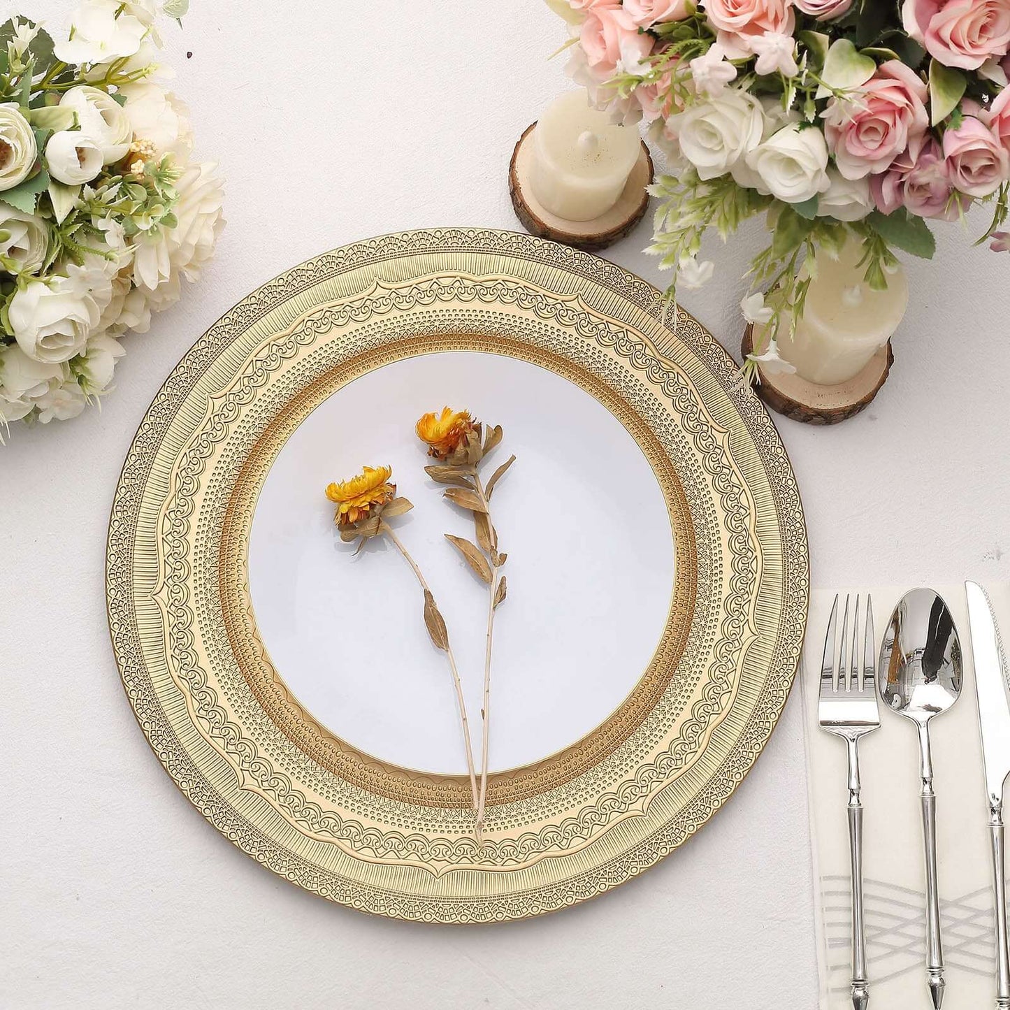 6-Pack Acrylic Round Charger Plates 13" in Gold with Lace Embossed Rim, Rustic Plastic Decorative Charger Tableware