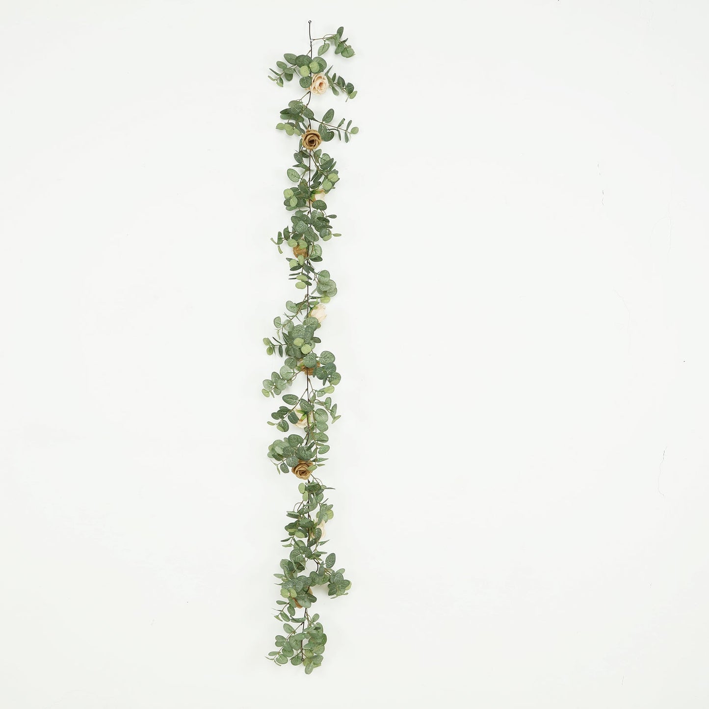 6ft Artificial Eucalyptus Garland with Cream/Gold Silk Roses â€“ Faux Greenery Vine