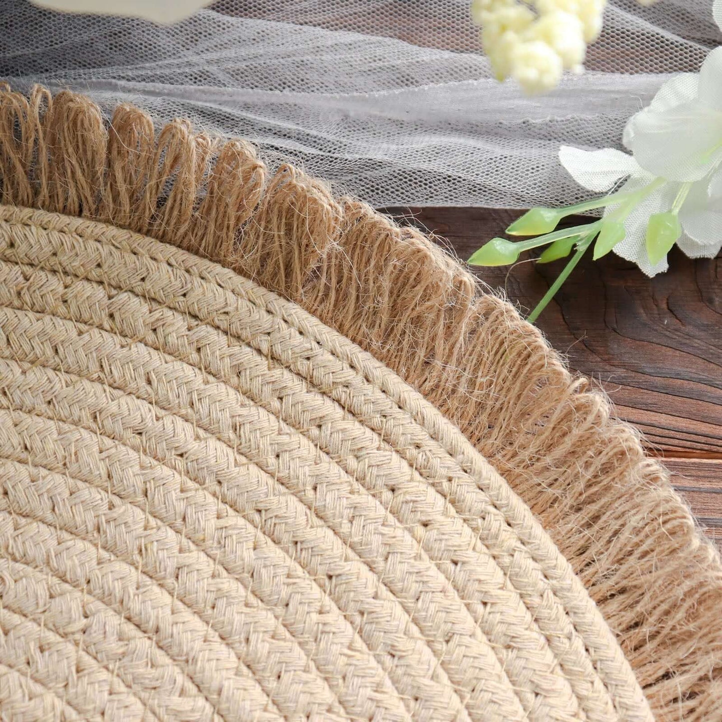 4-Pack Placemats Fringed Edge Design Natural Rustic Burlap Jute Round - Farmhouse Style Table Mats with Trim 15"