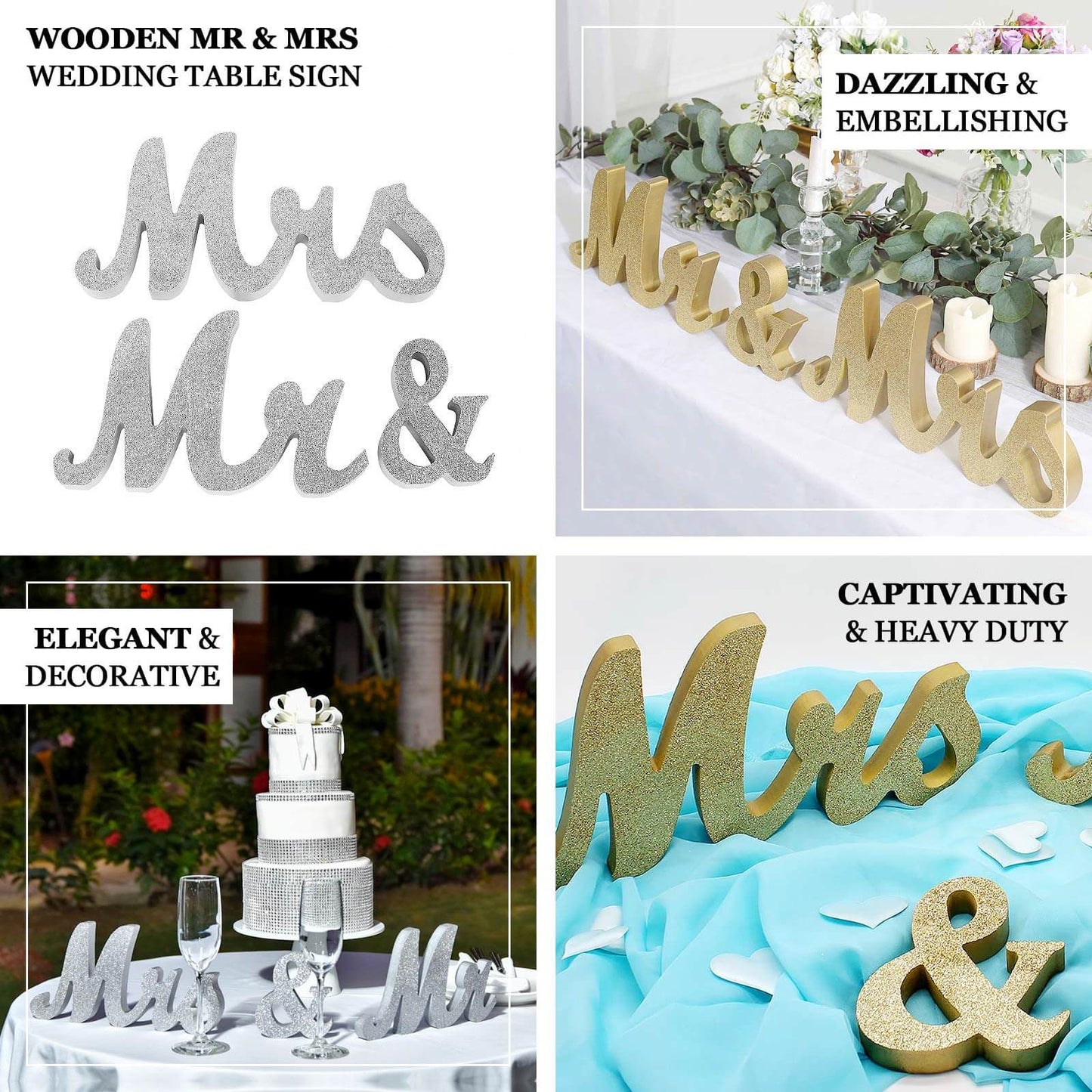 Wooden "Mr & Mrs" Freestanding Letters Gold Glittered - Rustic Glam Wedding Table Display Signs