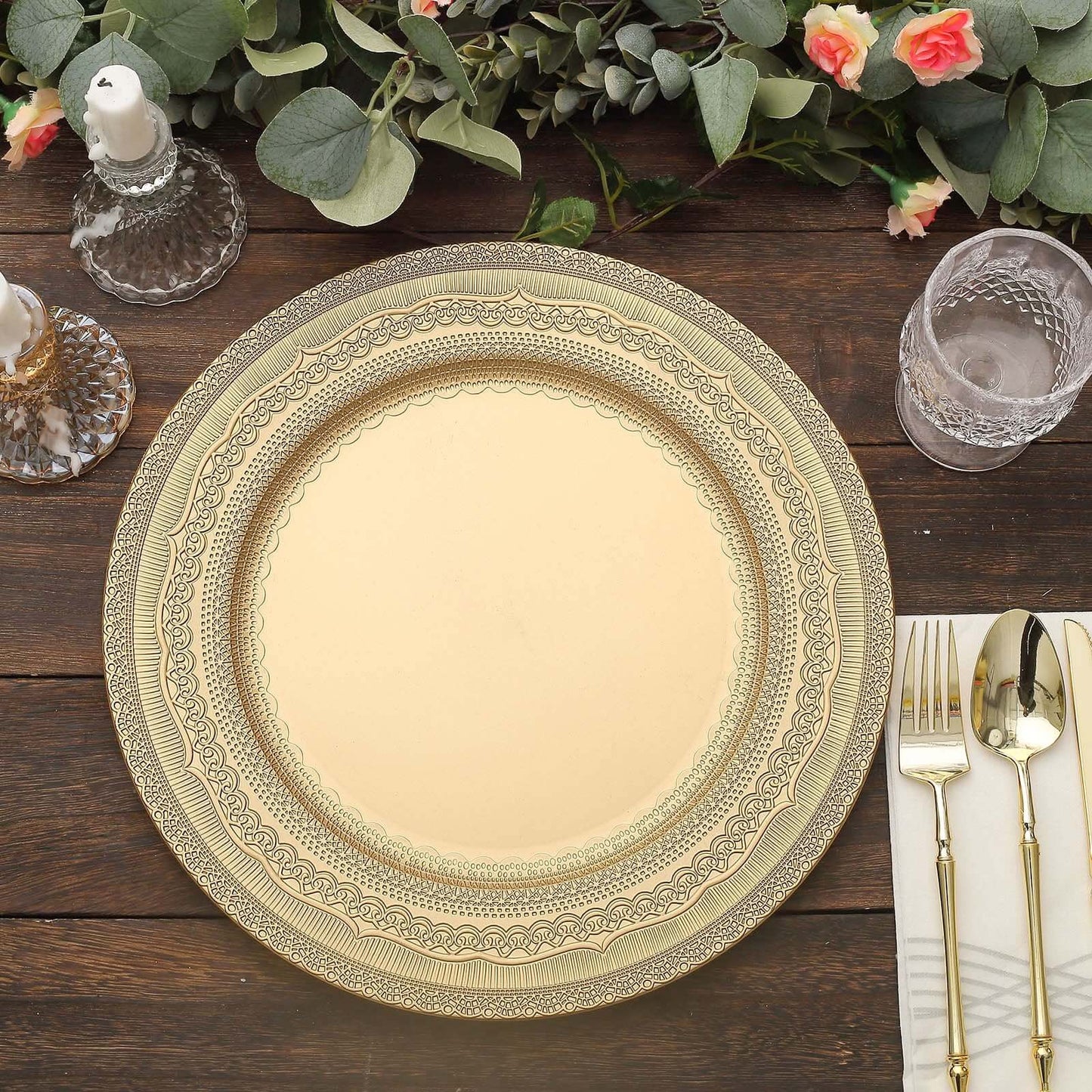 6-Pack Acrylic Round Charger Plates 13" in Gold with Lace Embossed Rim, Rustic Plastic Decorative Charger Tableware