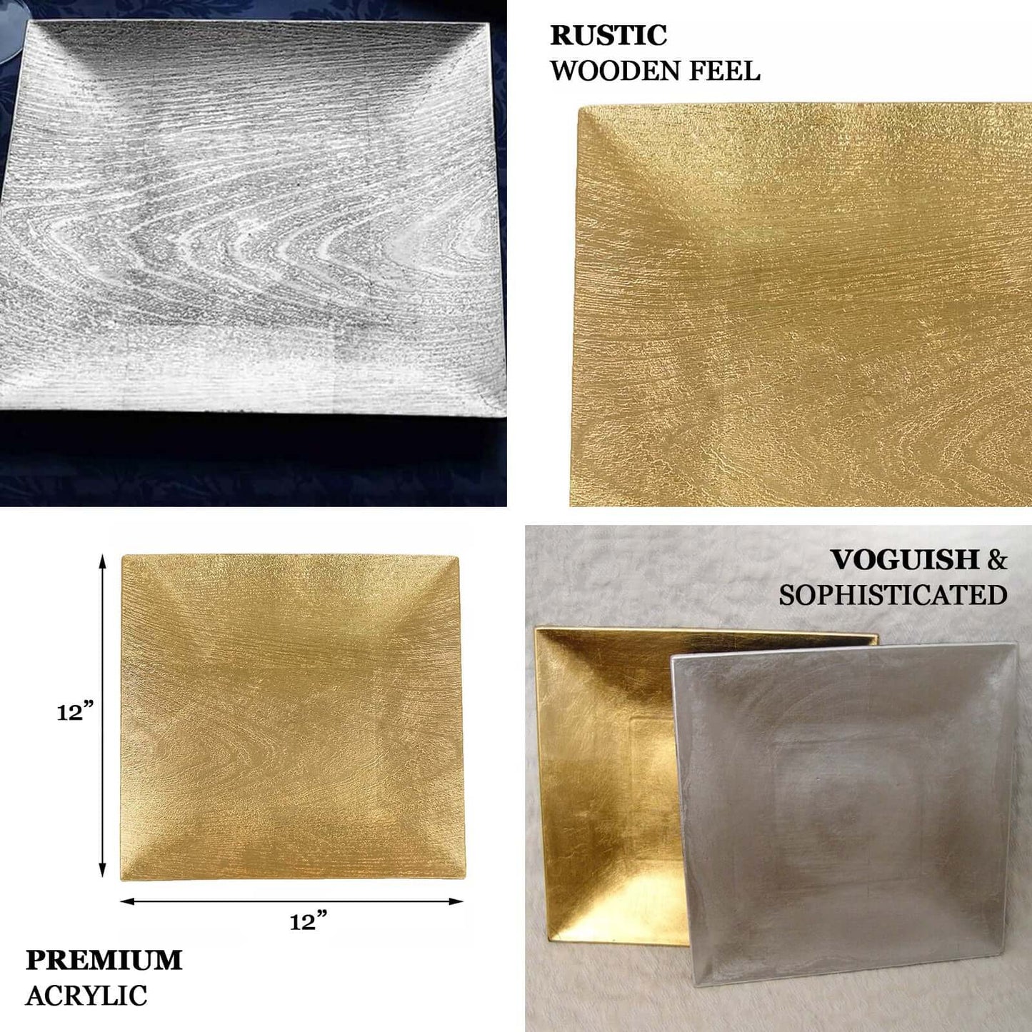 6-Pack Acrylic Square Charger Plates 12" in Gold with Embossed Wood Grain, Boho Chic Dinner Party Decor Charger Tableware