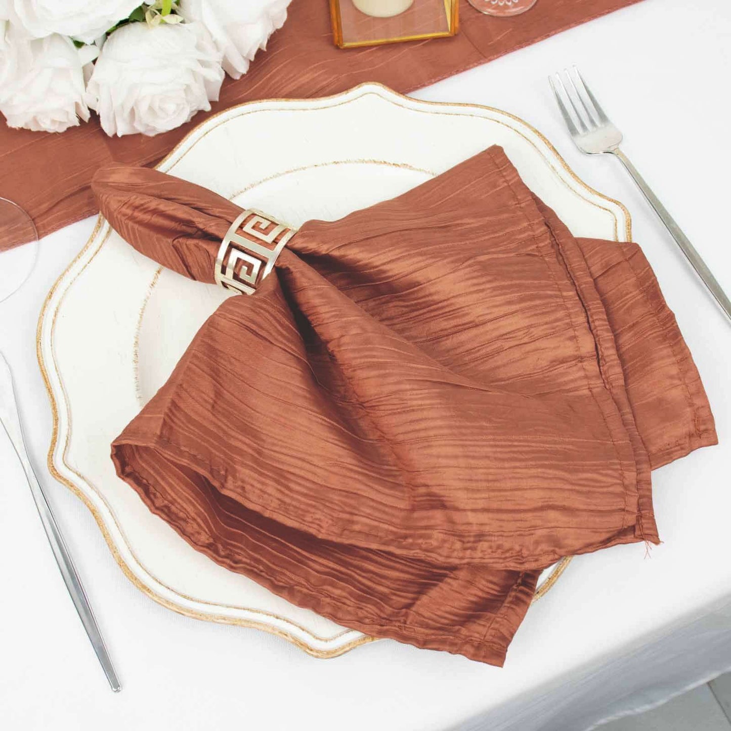 5 Pack Taffeta 20"x20" Napkins Terracotta (Rust) - Accordion Crinkle Dinner Napkins