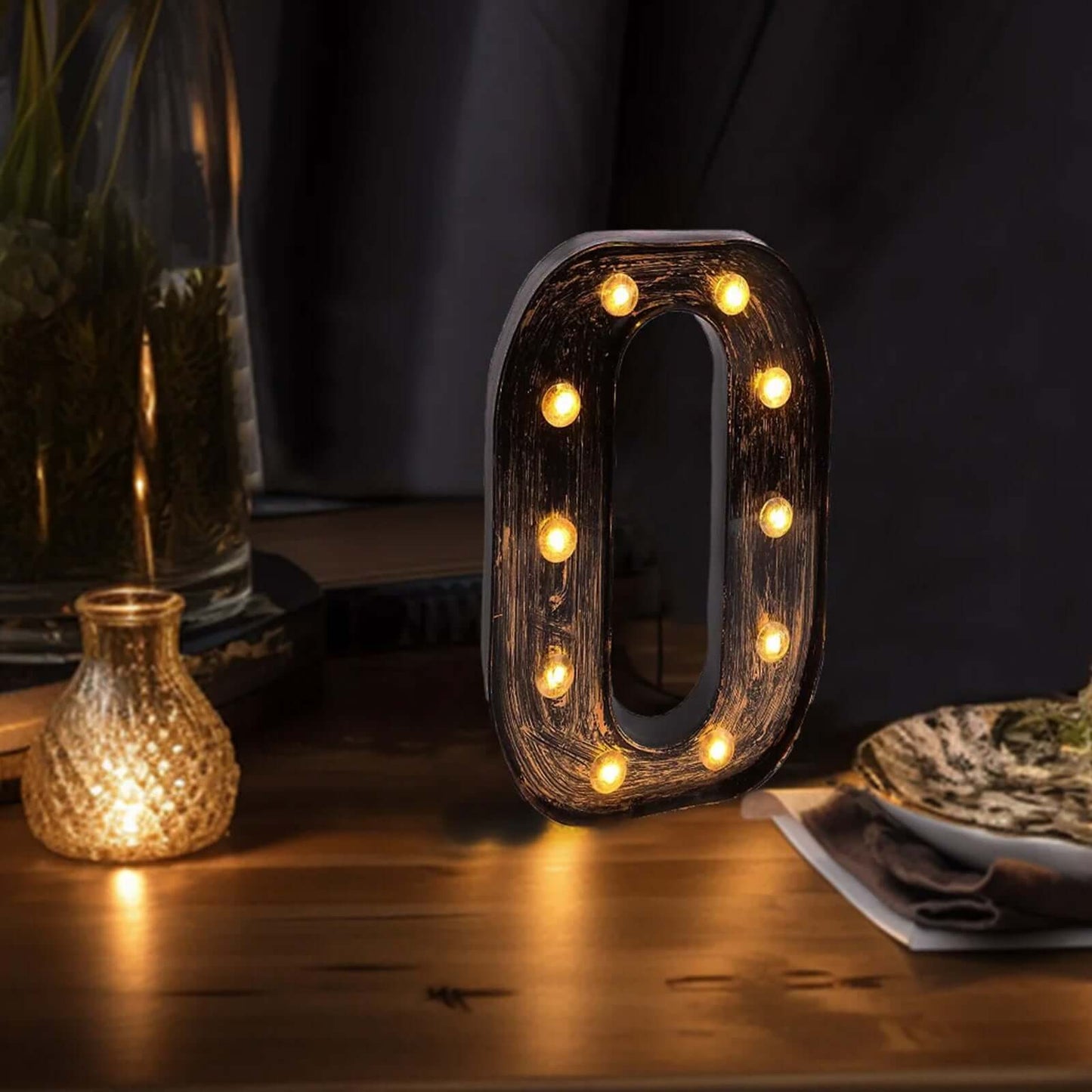 LED Marquee Letter "O" Industrial Style Antique Black - Light-Up Alphabet Sign for Weddings & Displays 9"