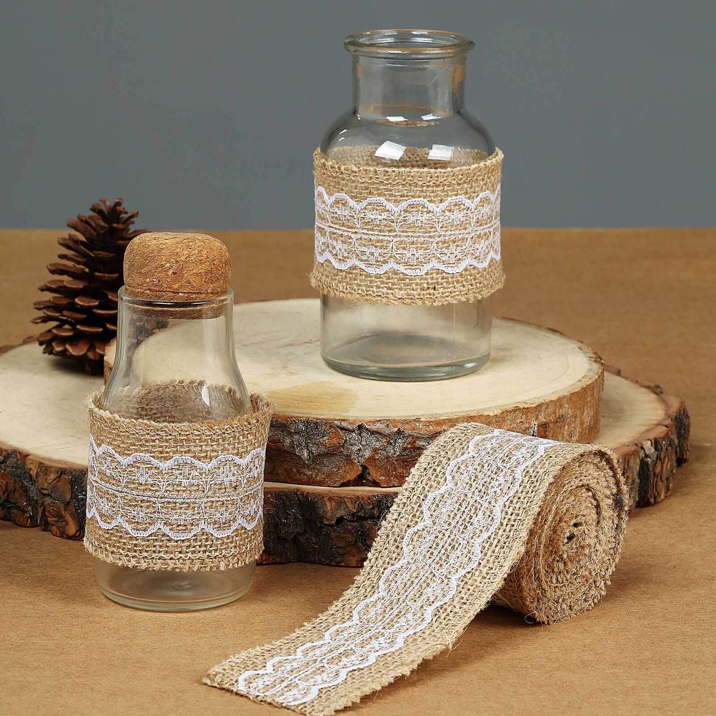 2" x 16FT Natural Jute Burlap Ribbon With Wavy Lace