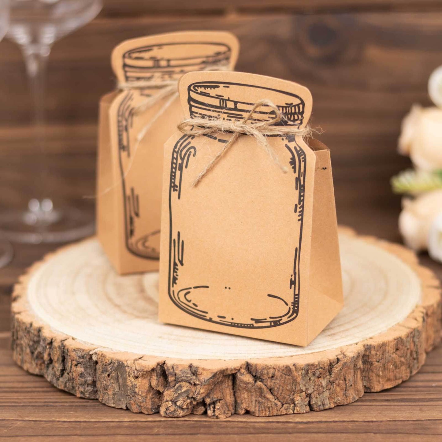 25 Pack Natural Mini Mason Jar Shaped Paper Party Favor Boxes With Jute Rope Ties, Candy Gift Boxes - 5"x3"