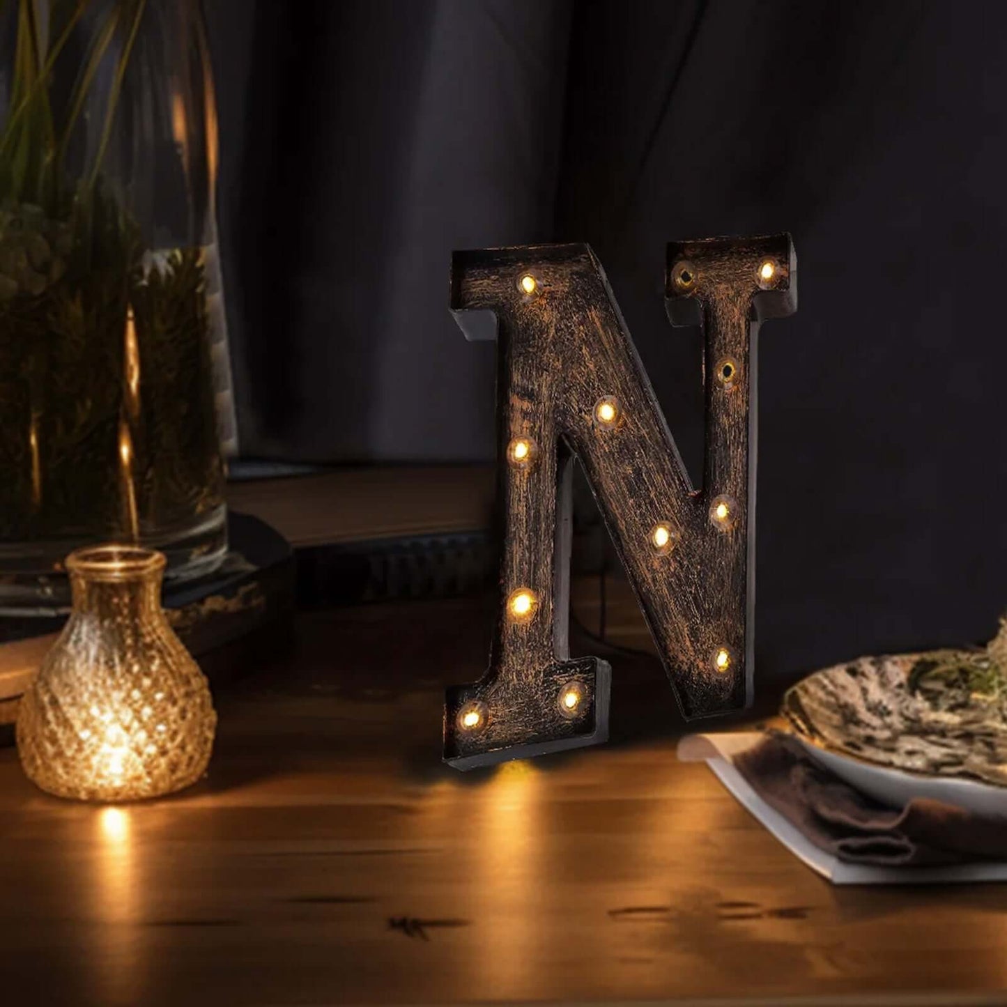 LED Marquee Letter "N" Industrial Style Antique Black - Light-Up Alphabet Sign for Weddings & Displays 9"