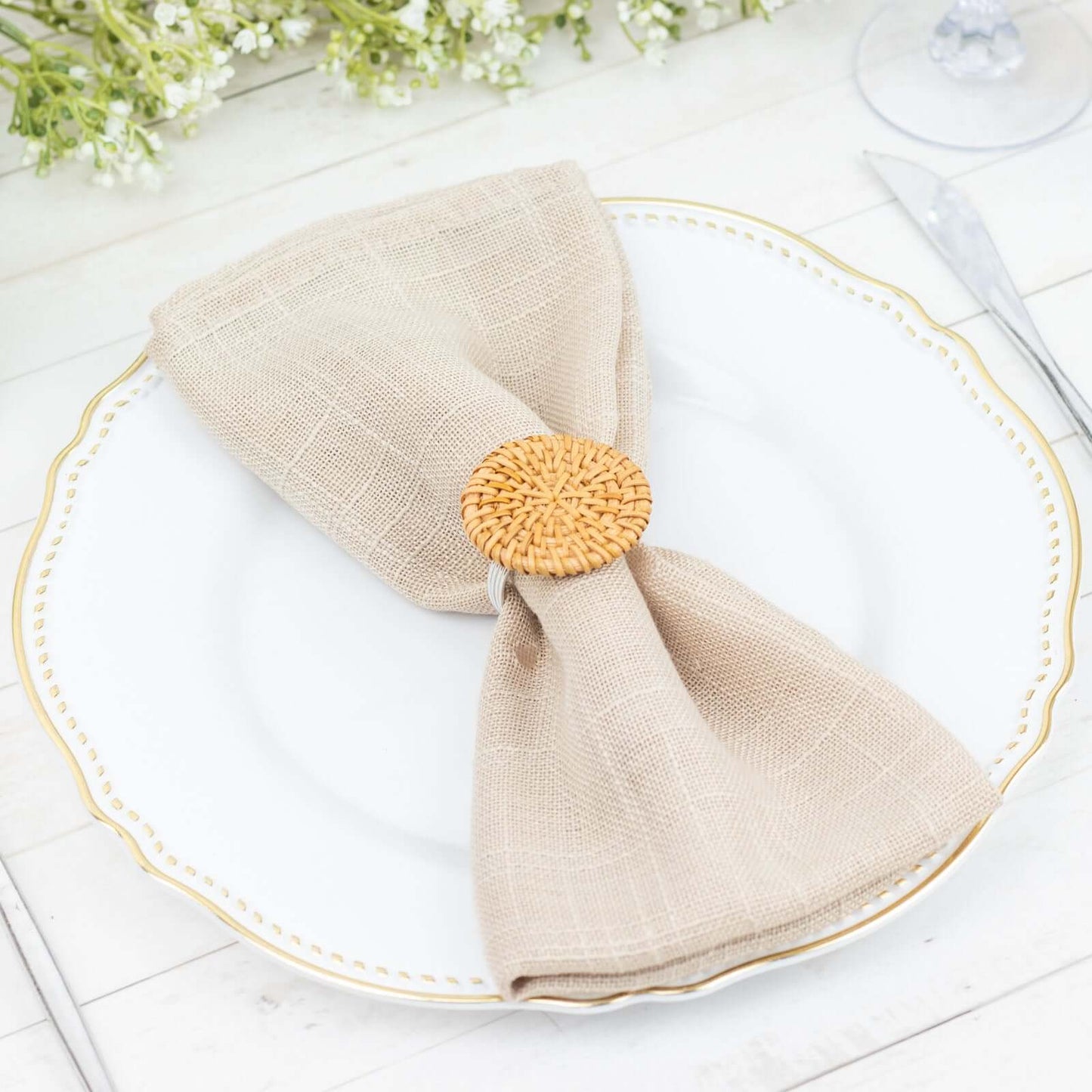 4 Pack 2" Natural Rustic Style Jute Rattan Metal Napkin Rings, Handmade Boho Chic Woven Serviette Buckle Holders