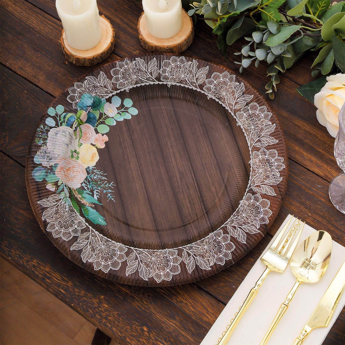 25-Pack Paper 10" Round Dinner Plates in Brown Wood Print with Floral Lace Rim - Disposable Party Plates for Farmhouse Weddings & Rustic Themes