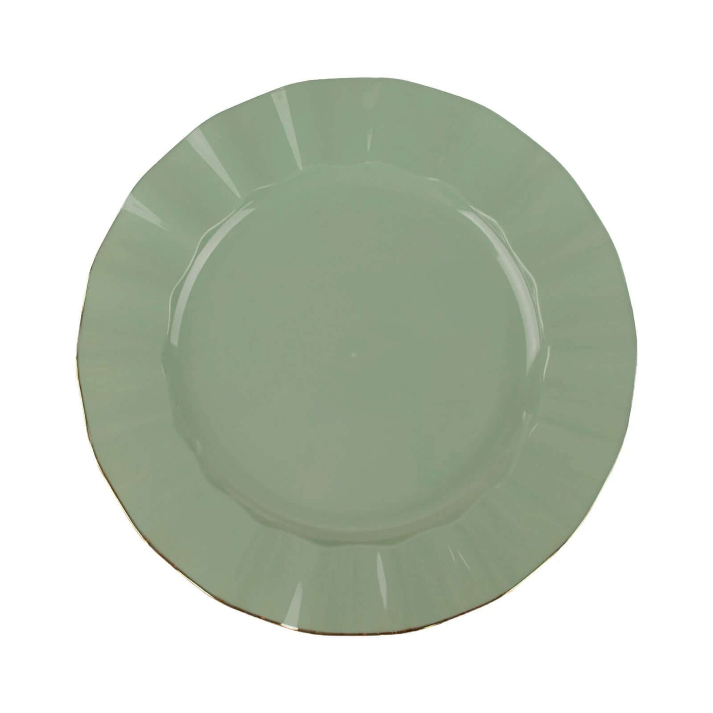 10-Pack Plastic 9" Round Dinner Plates in Dusty Sage Green Ruffled Rim with Gold Edging - Sturdy Disposable Dinnerware