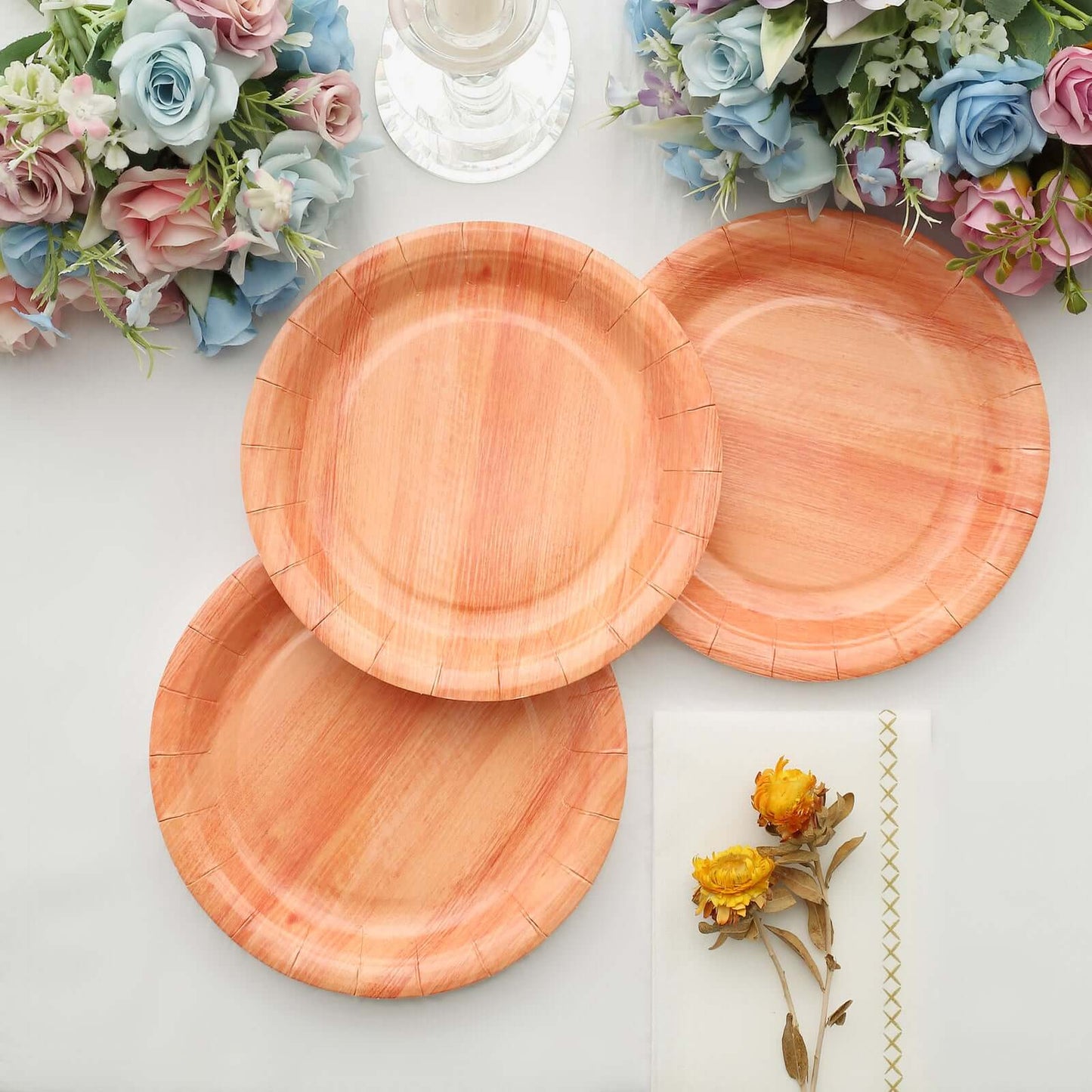 25-Pack Paper 7" Round Dessert Plates in Natural Wood Grain Print - Disposable Appetizer Salad Plates for Rustic Farmhouse Style Events