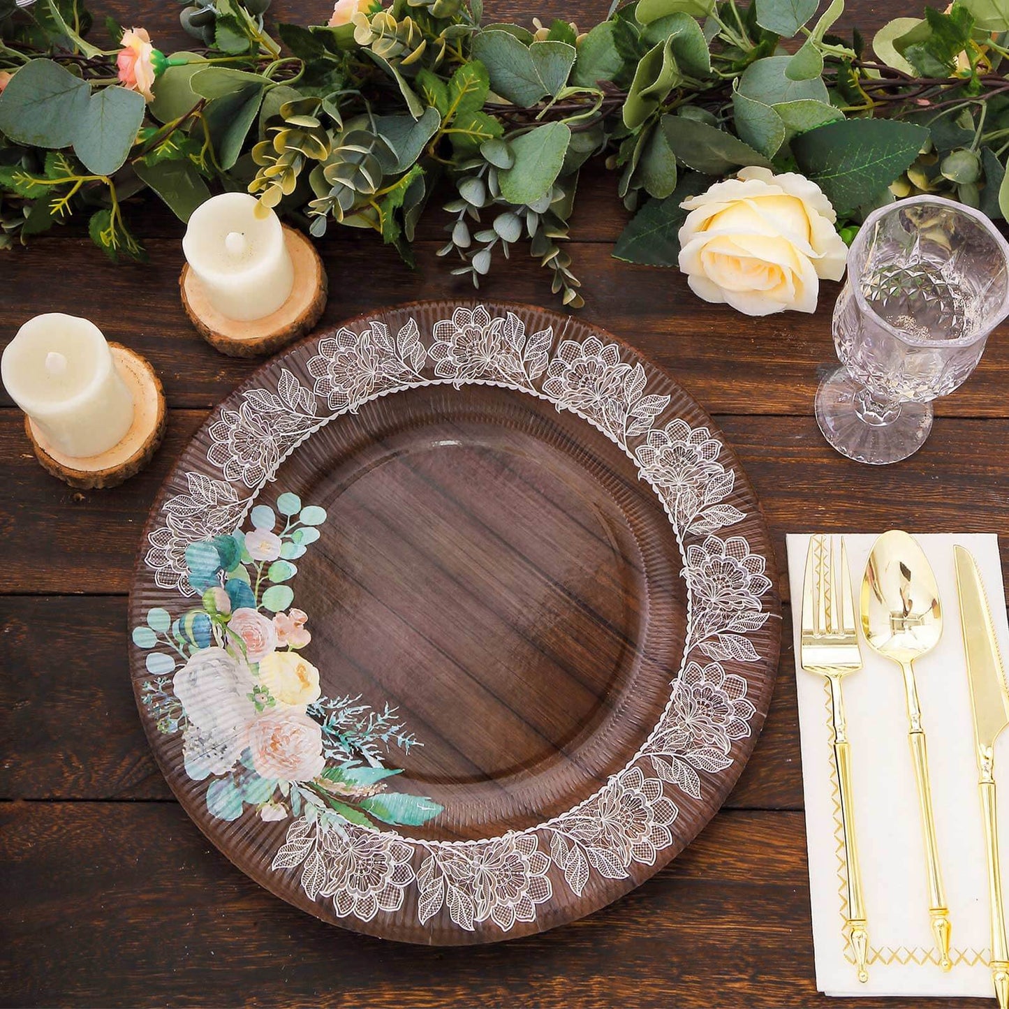 25-Pack Paper 10" Round Dinner Plates in Brown Wood Print with Floral Lace Rim - Disposable Party Plates for Farmhouse Weddings & Rustic Themes