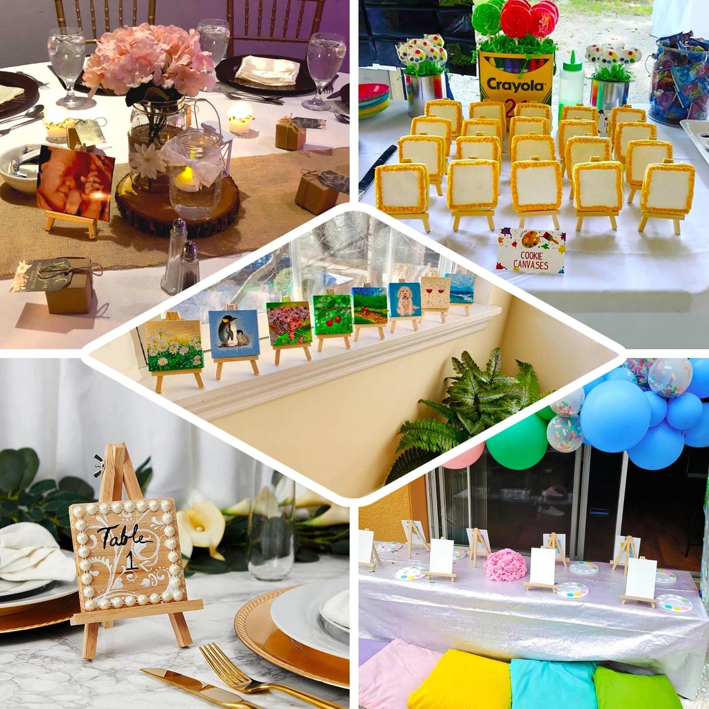 10-Pack Wooden Display Easel Stands DIY Mini Design Natural - Rustic Place Card Table Number Holders 5"