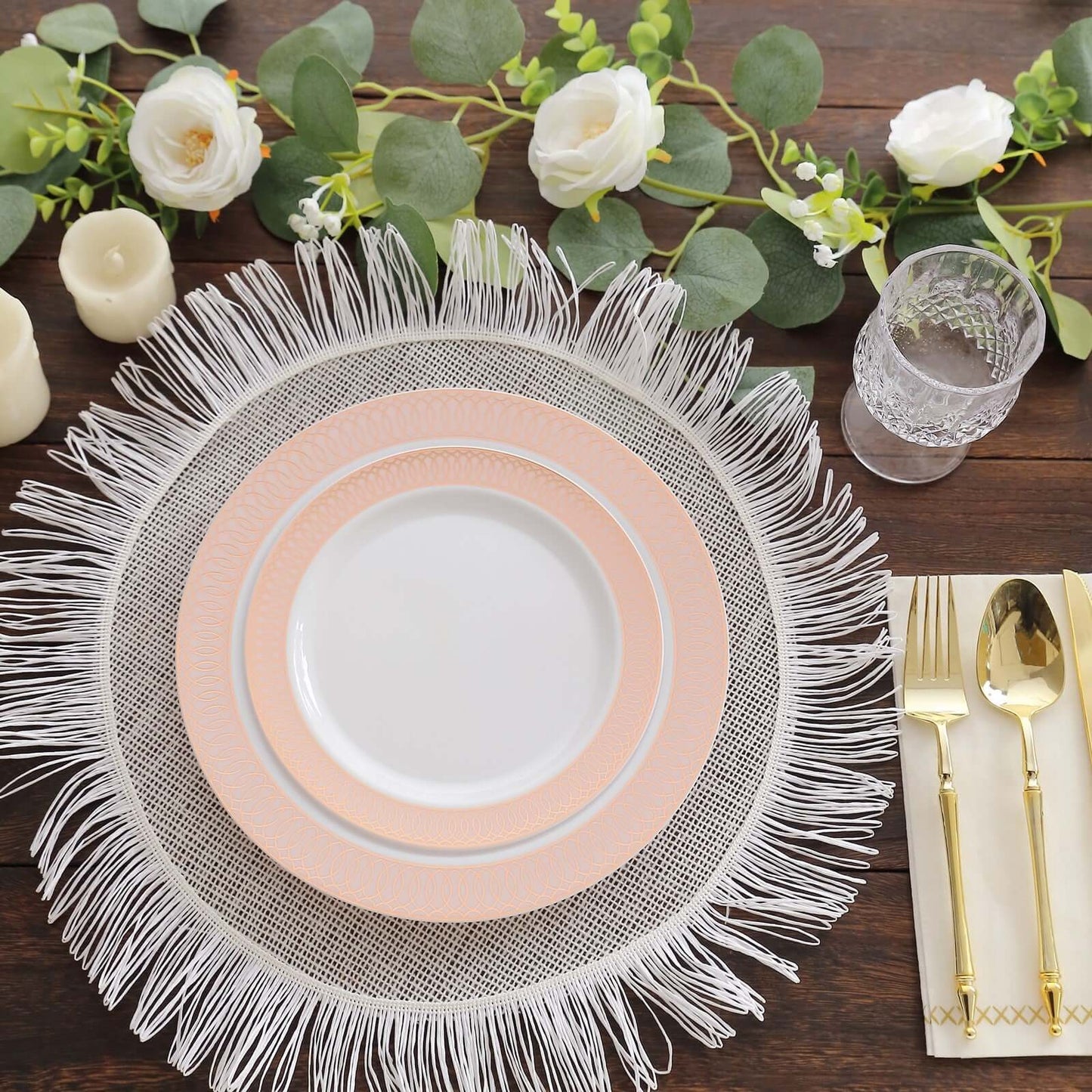 10-Pack Plastic Round Dinner Plates 10" White with Blush Rose Gold Spiral Rim - Chic Disposable Party Plates
