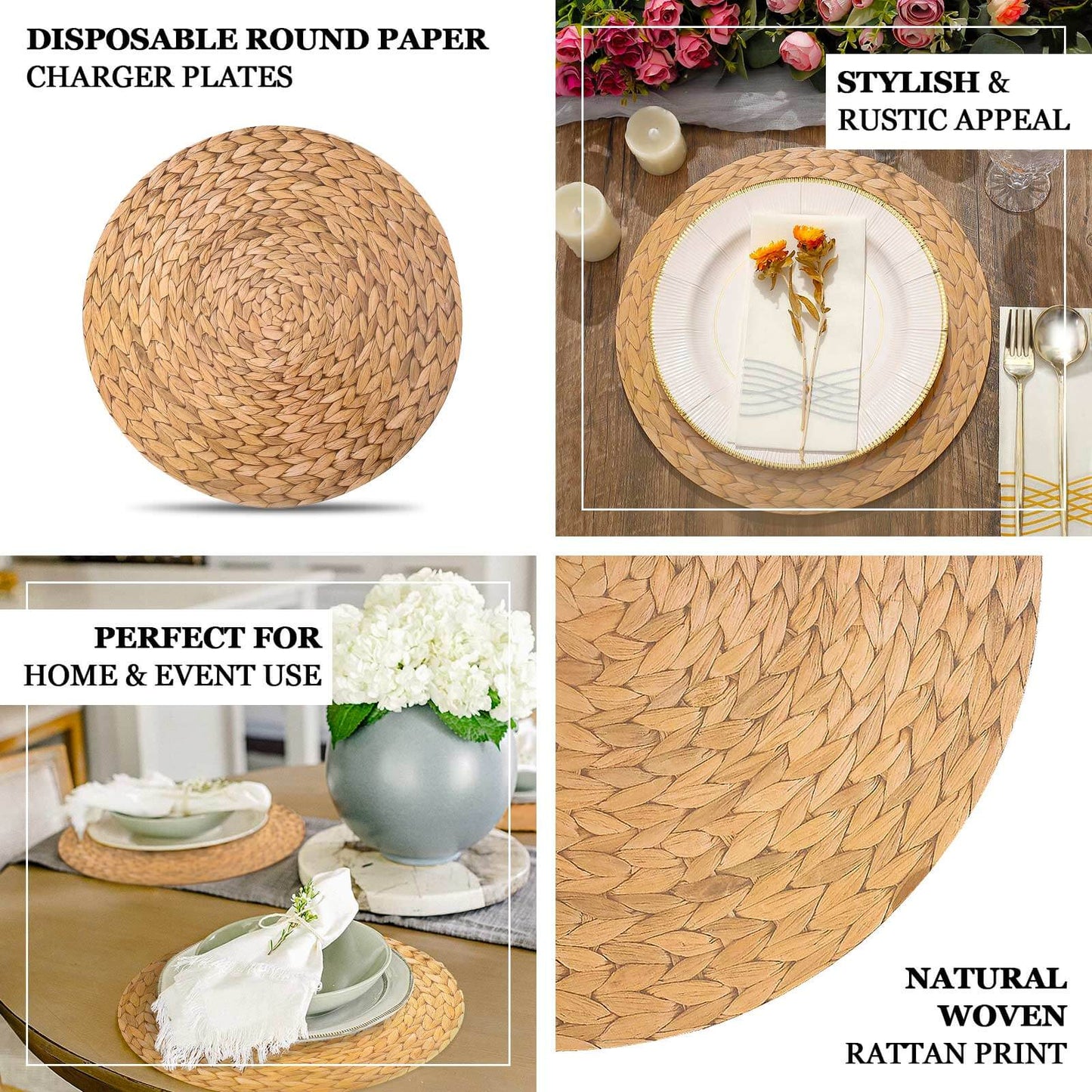 6-Pack Disposable Table Placemats in Natural with Woven Rattan Print - 700GSM Cardboard Placemats for Rustic Themes & Outdoor Events 13"