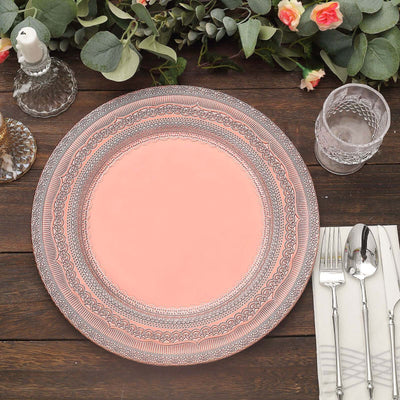 6-Pack Acrylic Round Charger Plates 13" in Rose Gold with Lace Embossed Rim, Rustic Plastic Decorative Charger Tableware