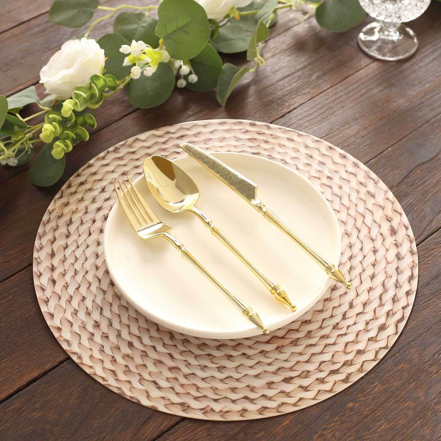 6-Pack Disposable Table Placemats in Wheat with Woven Rattan Print - 700GSM Cardboard Placemats for Rustic Themes & Outdoor Events 13"