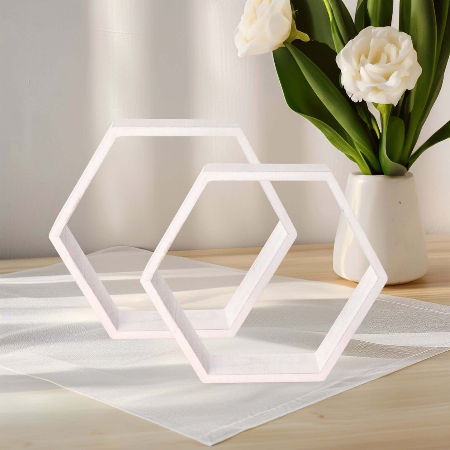 2 Pack 9" Hexagon Whitewashed Wood Centerpiece, Geometric Terrarium, Honeycomb Storage Shelf