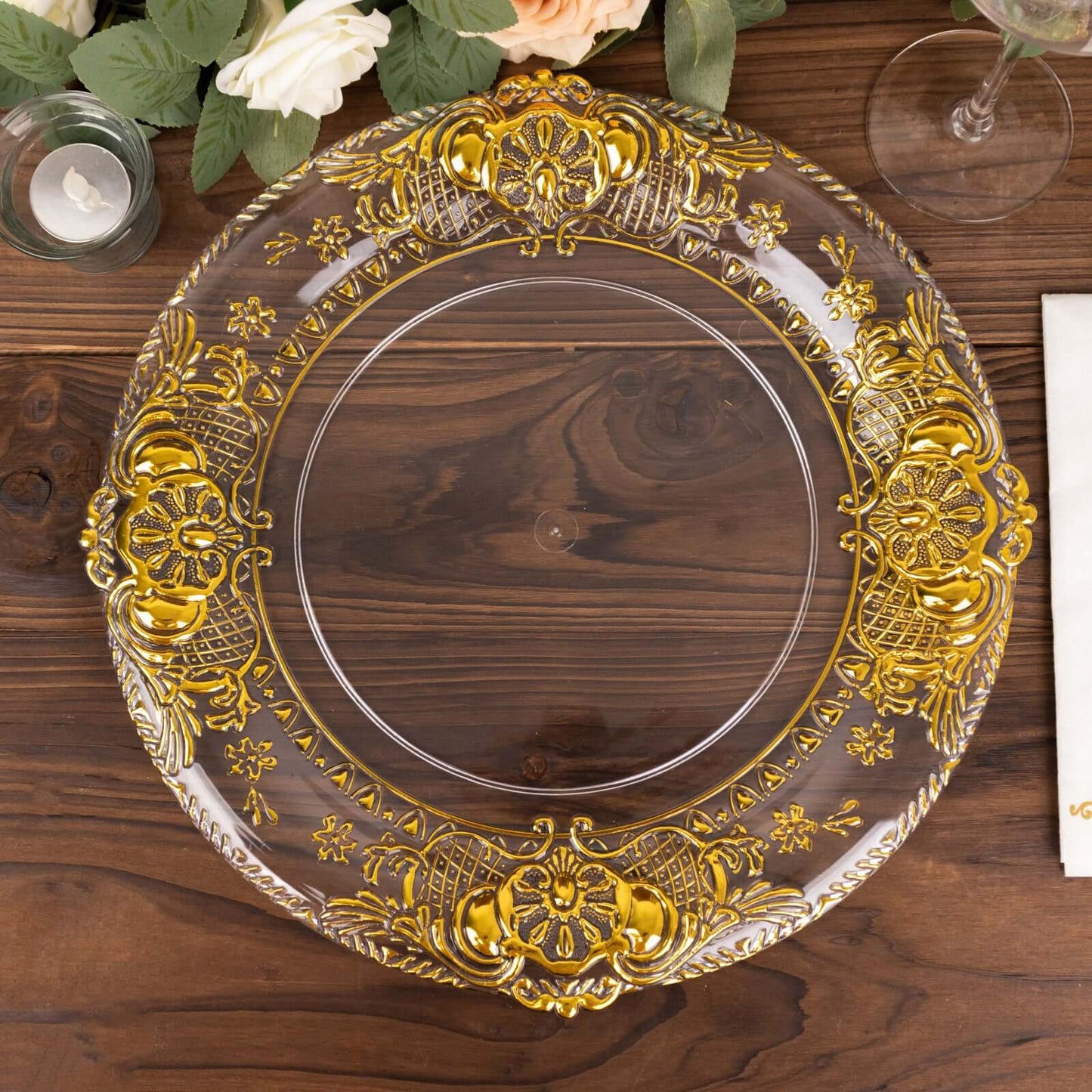 6-Pack Plastic Round Charger Plates 13" in Clear with Gold Florentine Embossed Rim, Exquisite Dinner Serving Plates