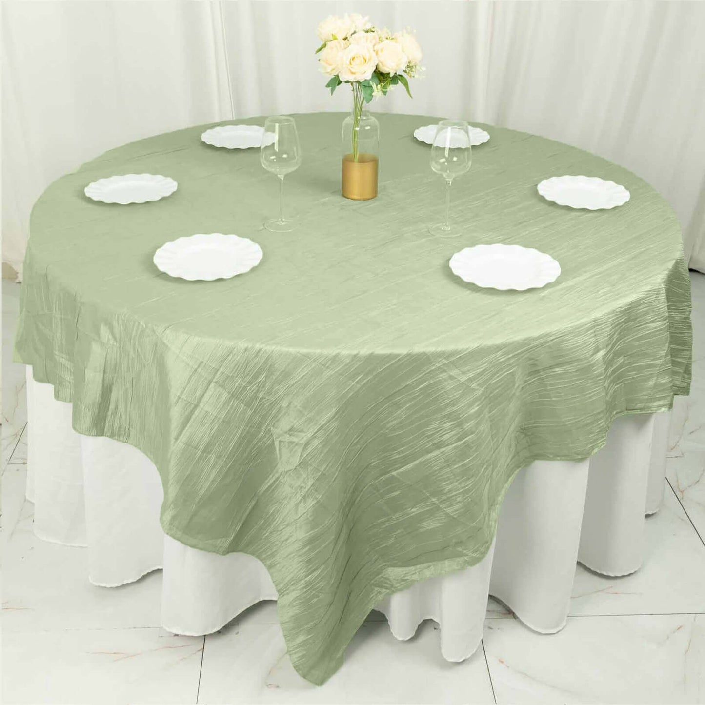 Taffeta 90"x90" Table Overlay Square Tablecloth Sage Green - Accordion Crinkle Table Cover