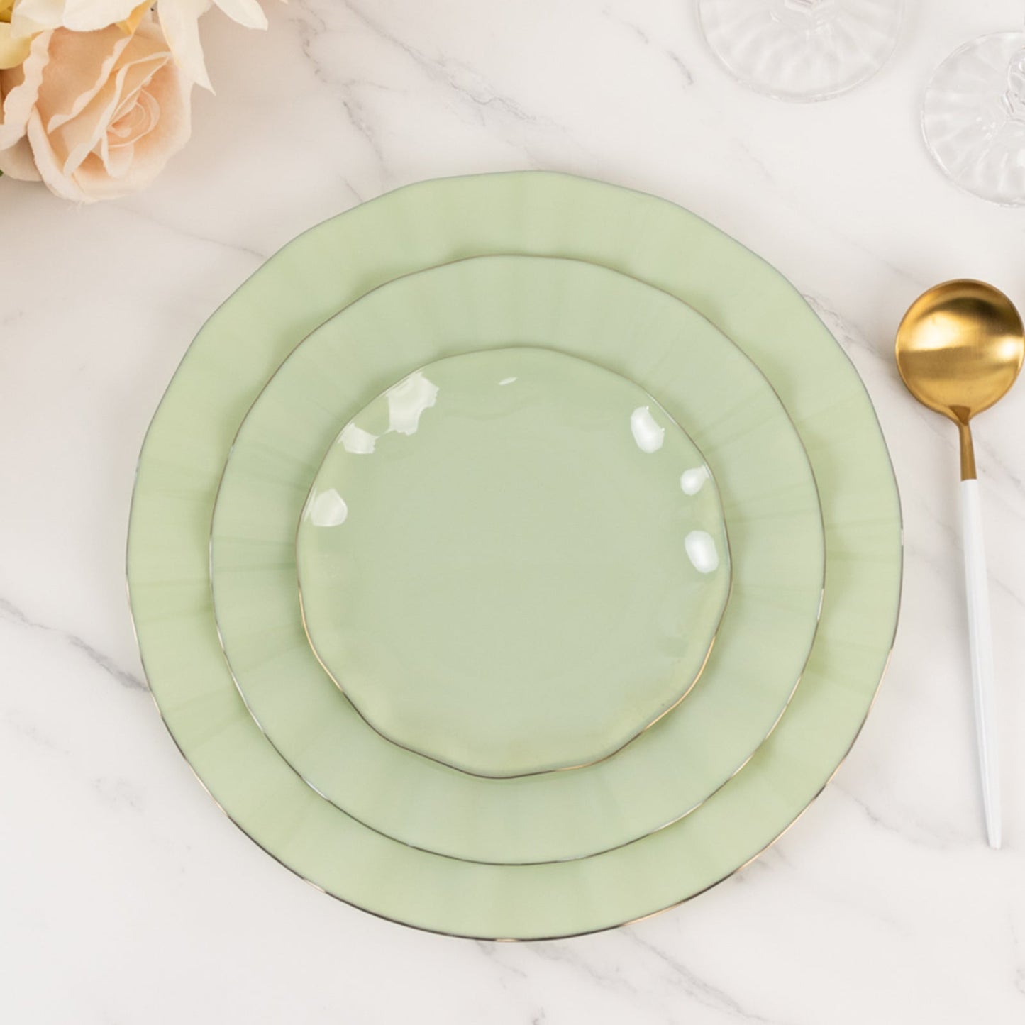 10-Pack Plastic Round 6" Dessert Plates in Sage Green Ruffled Rim with Gold Edging - Sturdy Disposable Salad Appetizer Dinnerware