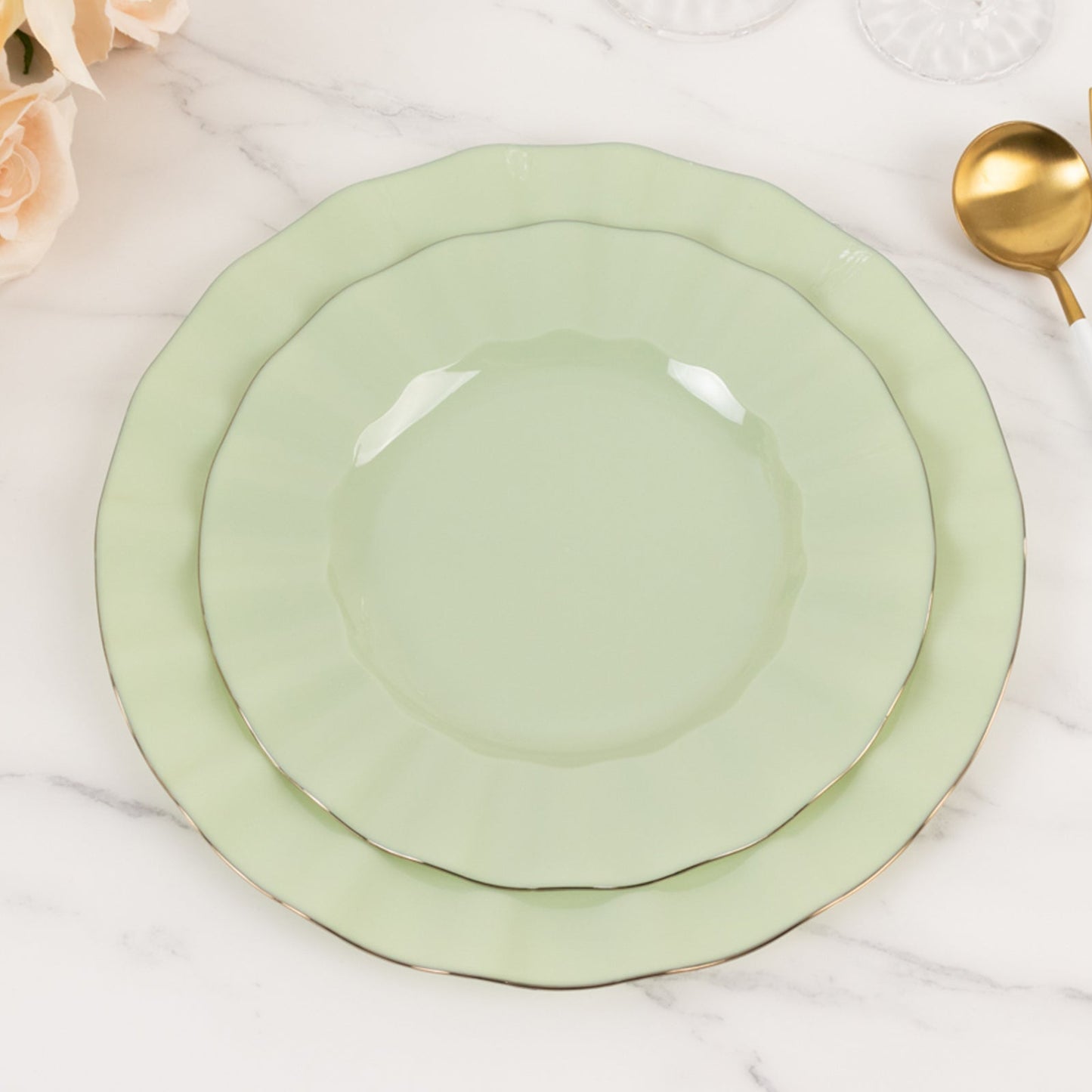 10-Pack Plastic 9" Round Dinner Plates in Sage Green Ruffled Rim with Gold Edging - Sturdy Disposable Dinnerware