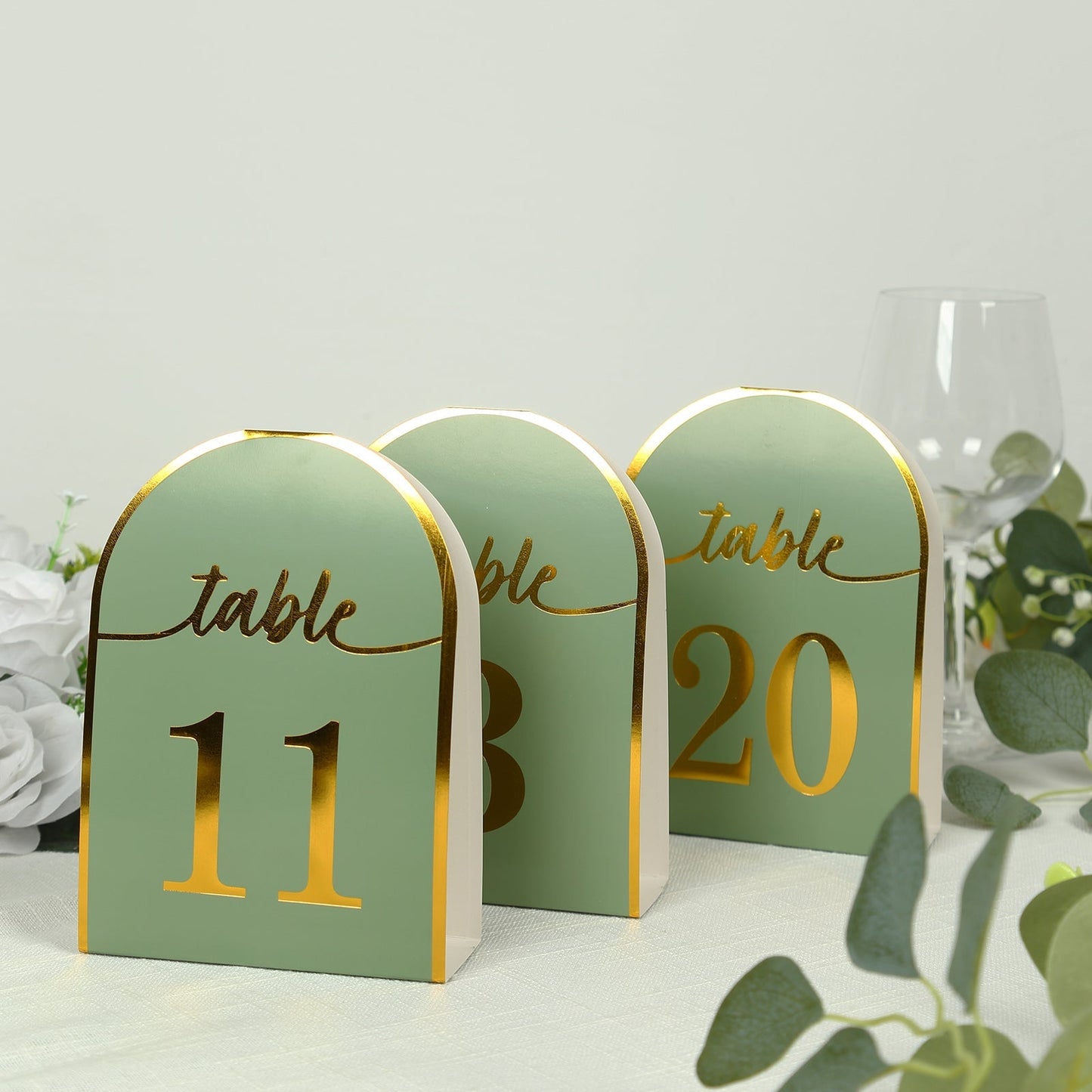 25-Pack 7" Disposable Table Numbers, Sage Green Free Standing Double Sided Table Number Place Cards with Metallic Gold Foil Numbers 1-25