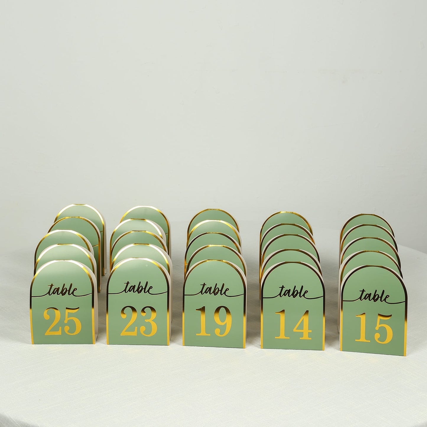 25-Pack 7" Disposable Table Numbers, Sage Green Free Standing Double Sided Table Number Place Cards with Metallic Gold Foil Numbers 1-25