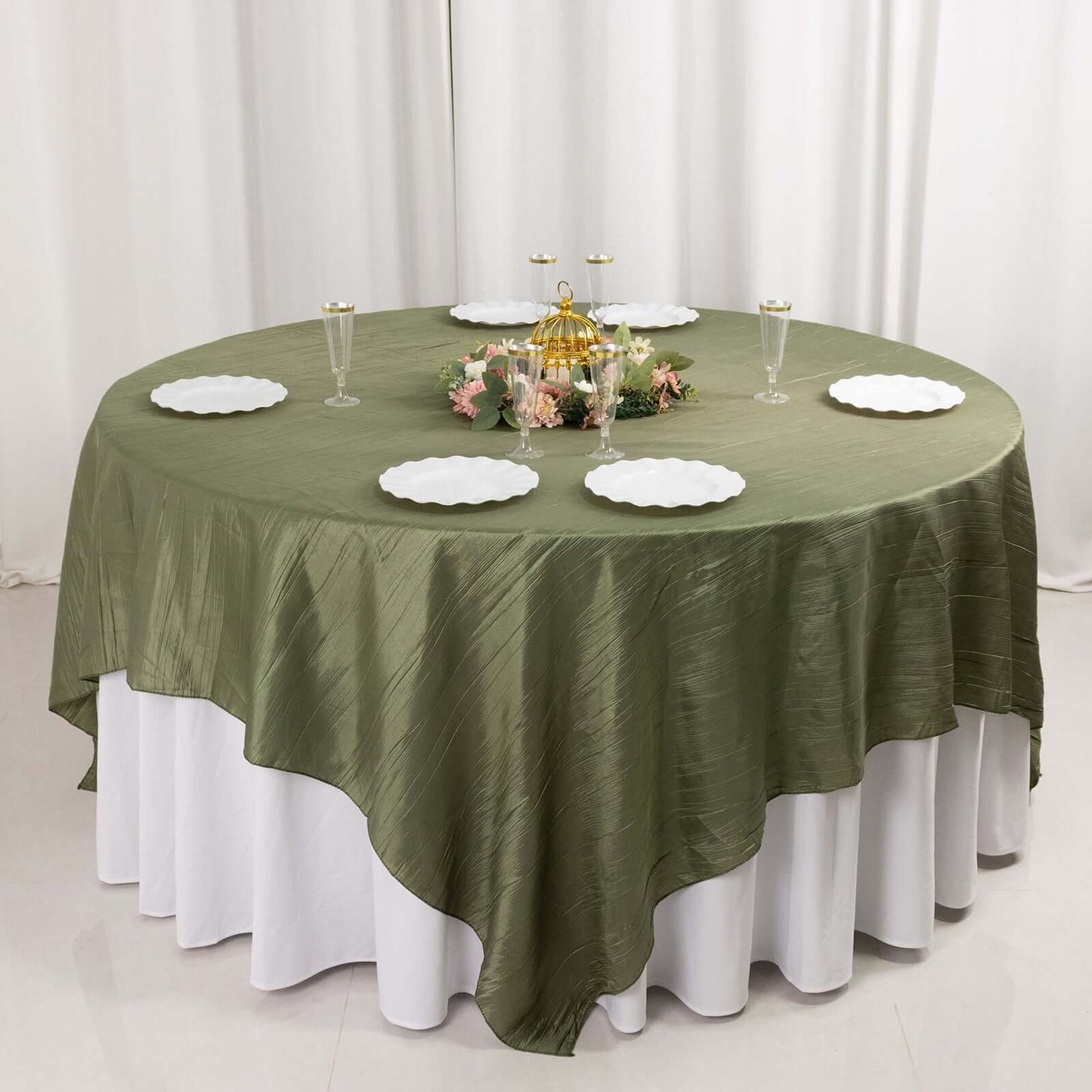 Taffeta 90"x90" Table Overlay Square Tablecloth Dusty Sage Green - Accordion Crinkle Table Cover