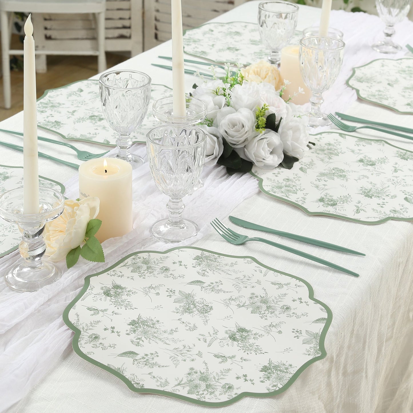 10 Pack Disposable Charger Plates White with Sage Green French Toile Pattern, 13" Cardboard Paper Placemats with Scalloped Rim