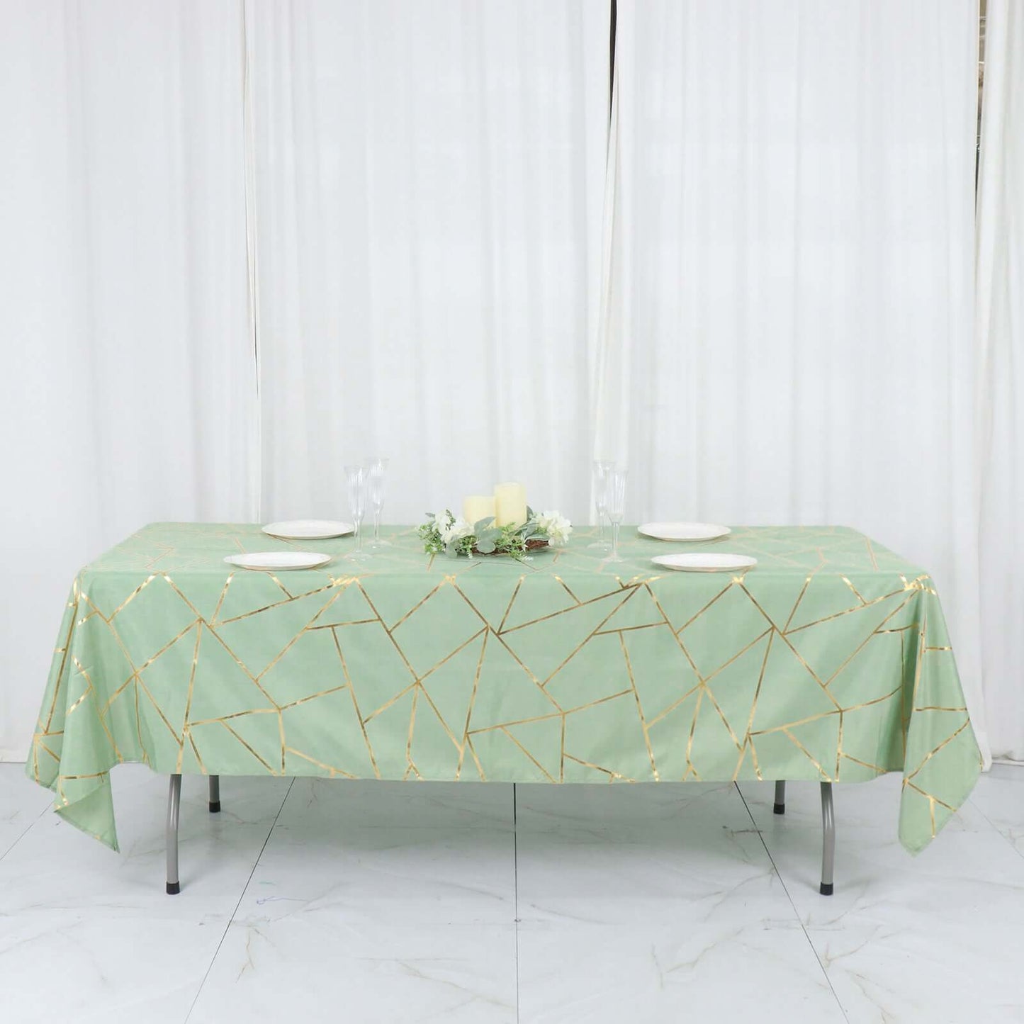Polyester 60"x102" Rectangle Tablecloth Sage Green with Gold Foil Geometric Pattern - Wrinkle-Resistant & Durable Table Cover
