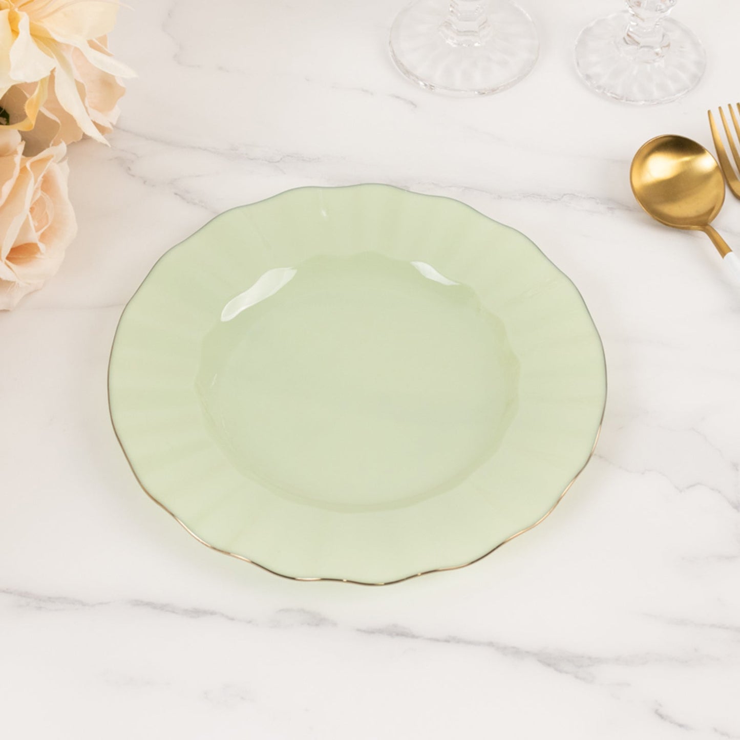 10-Pack Plastic 9" Round Dinner Plates in Sage Green Ruffled Rim with Gold Edging - Sturdy Disposable Dinnerware