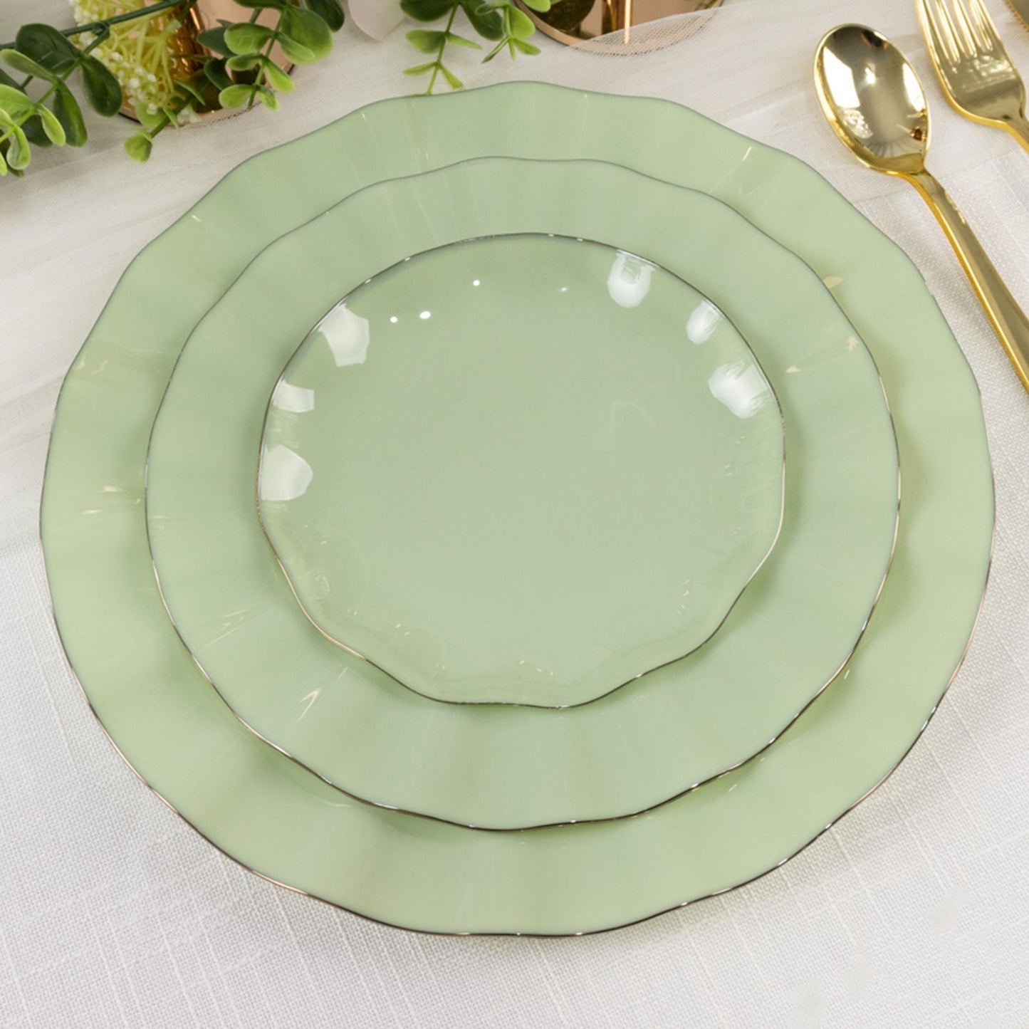 10-Pack Plastic Round 6" Dessert Plates in Sage Green Ruffled Rim with Gold Edging - Sturdy Disposable Salad Appetizer Dinnerware