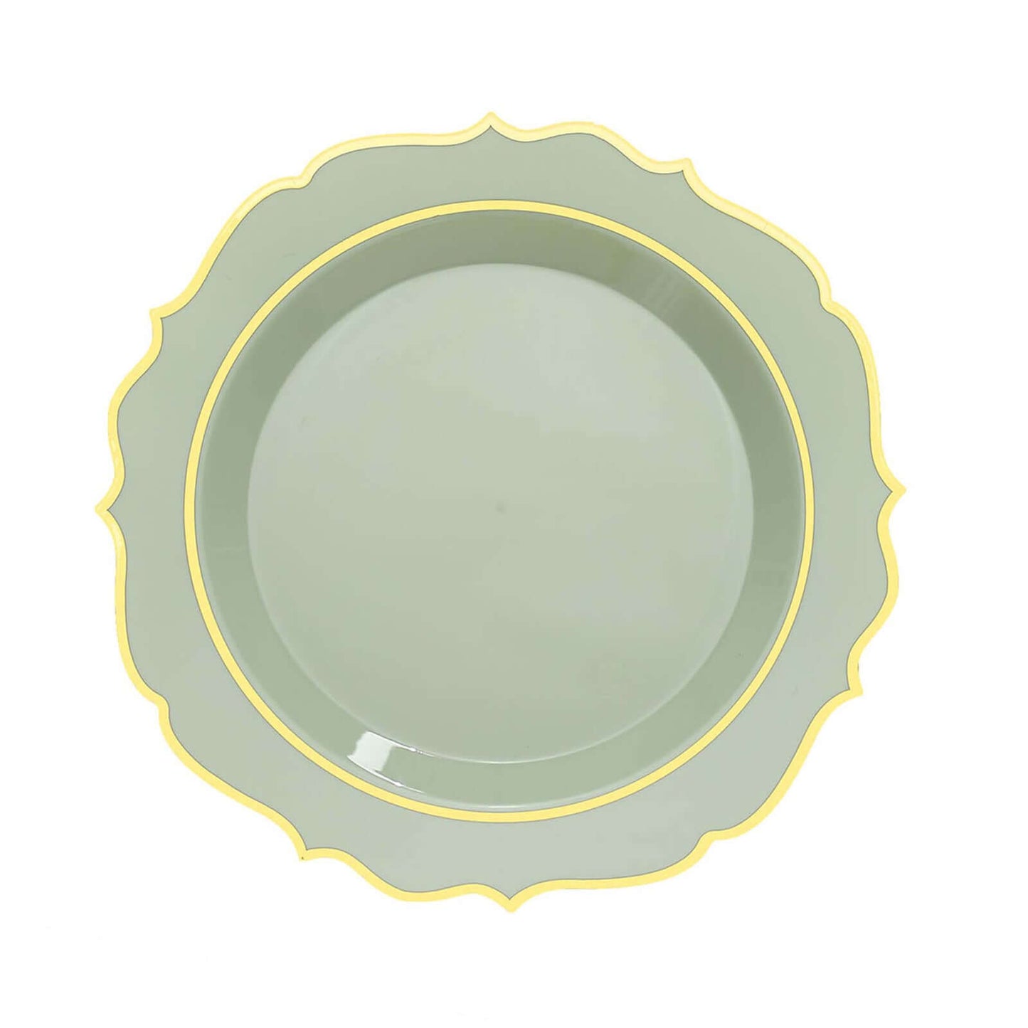 10-Pack Plastic 8" Round Dessert Plates in Sage Green with Gold Scalloped Rim - Disposable Appetizer/Salad Plates