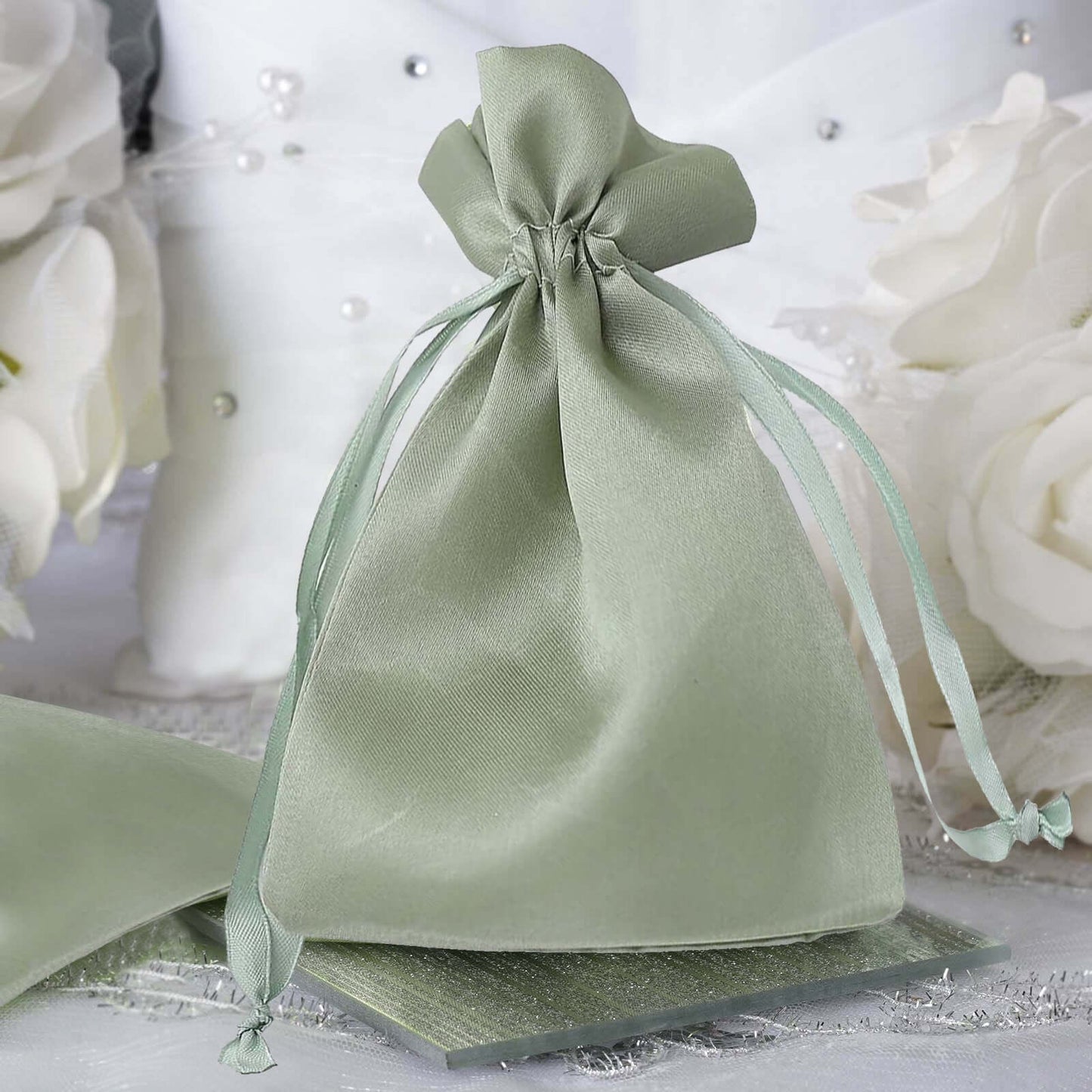 12 Pack 4"x6" Sage Green Satin Drawstring Wedding Party Favor Gift Bags