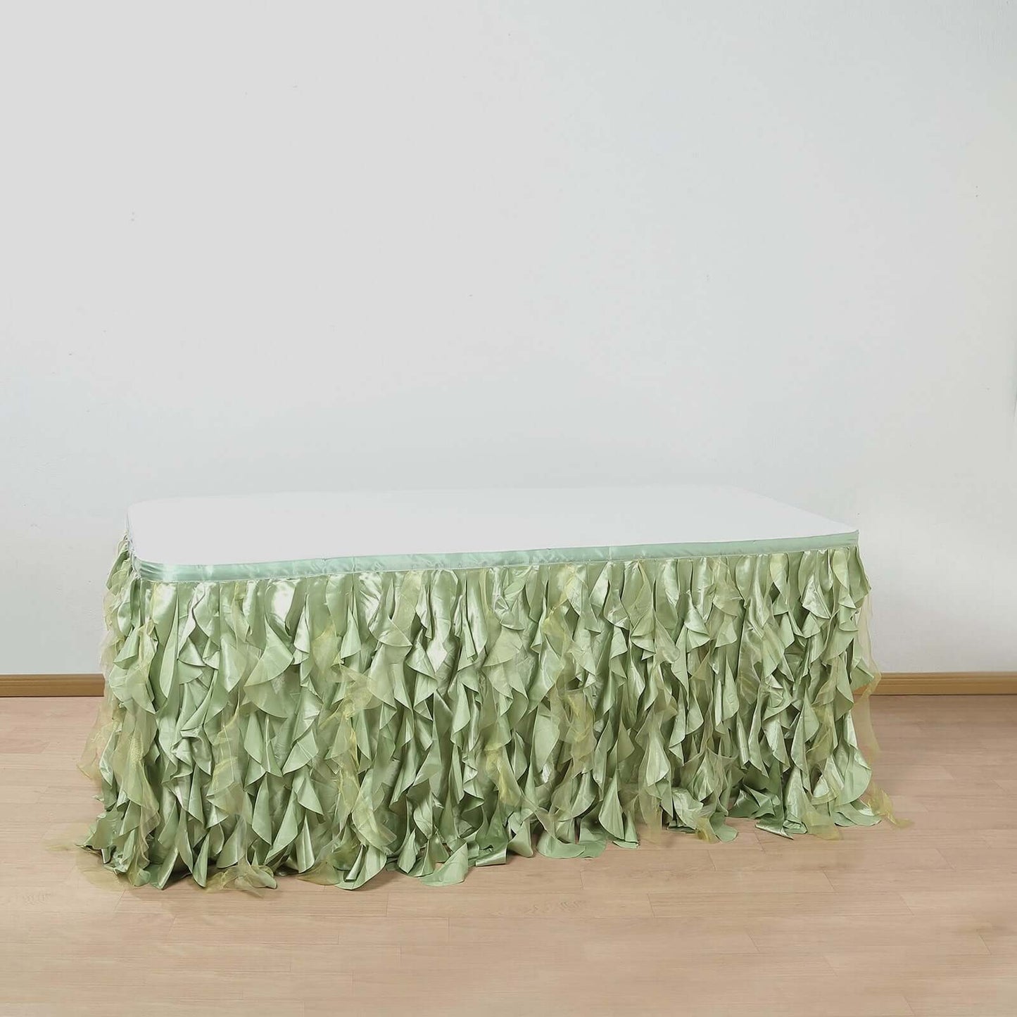 Taffeta 14ft Table Skirt Sage Green - Cascading Curly Willow Style Table Cover