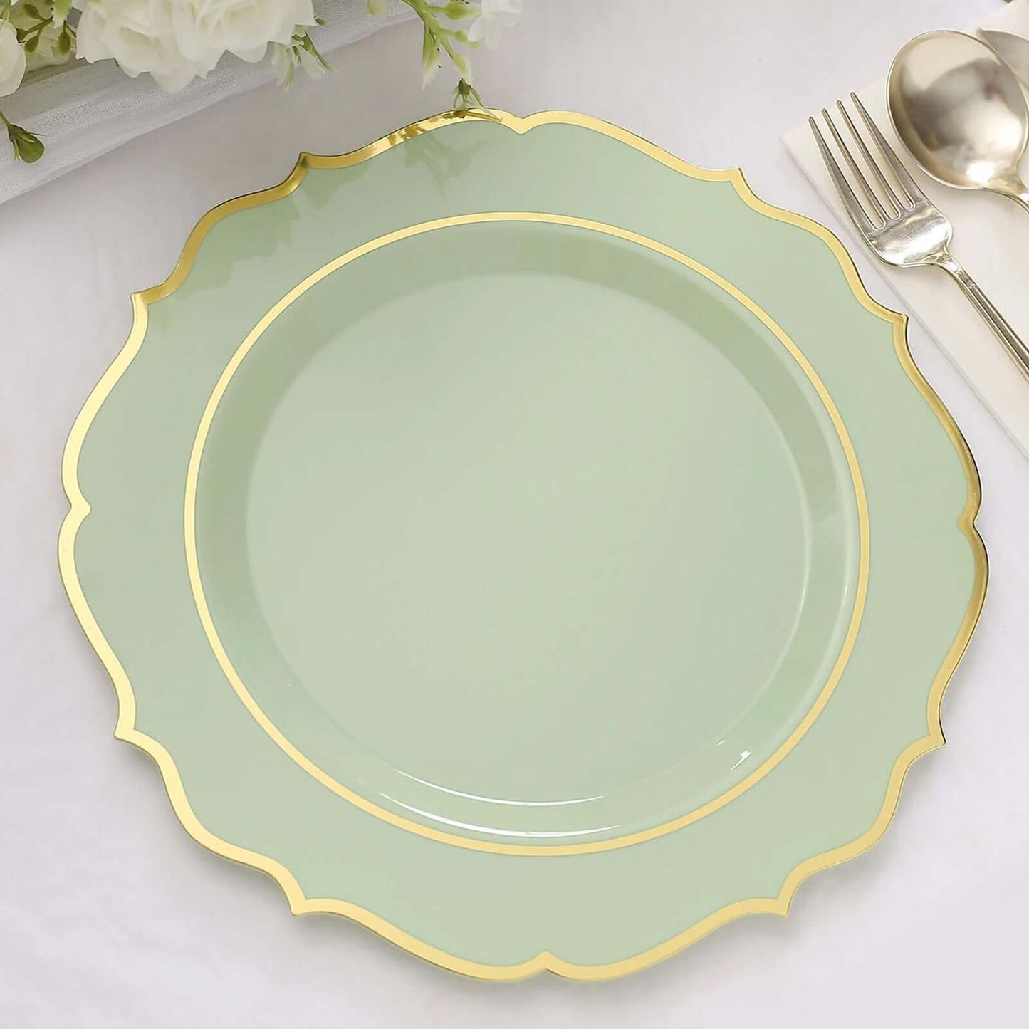 10-Pack Plastic 10" Round Dinner Plates in Sage Green with Gold Scalloped Rim - Disposable Party Plates