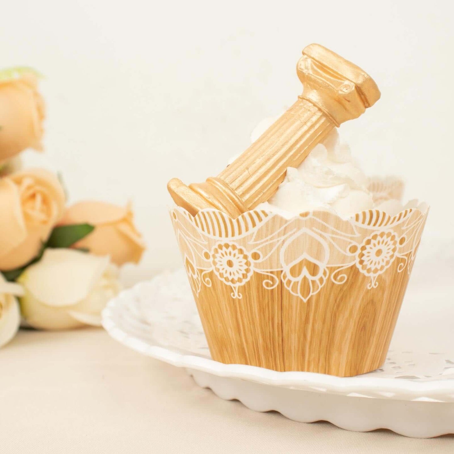 25-Pack Paper Cupcake Wrappers Wood Grain and Lace Print Design Natural - Boho Muffin Baking Cup Wraps