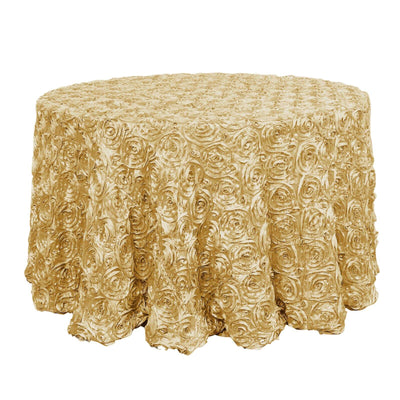 Satin 120" Round Tablecloth Champagne - Grandiose 3D Rosette with Seamless Finish Table Cover