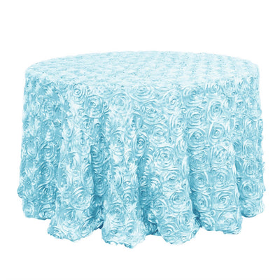 Satin 120" Round Tablecloth Light Blue - Grandiose 3D Rosette with Seamless Finish Table Cover