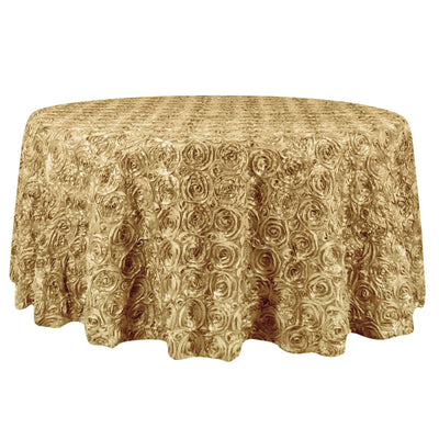 Satin 132" Round Tablecloth Champagne - Seamless Grandiose 3D Rosette Table Cover