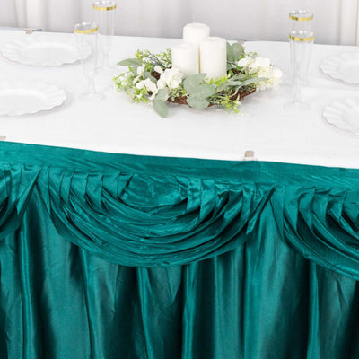 Satin 14ft Table Skirt Peacock Teal - Pleated Double Drape Table Cover - Table Skirts