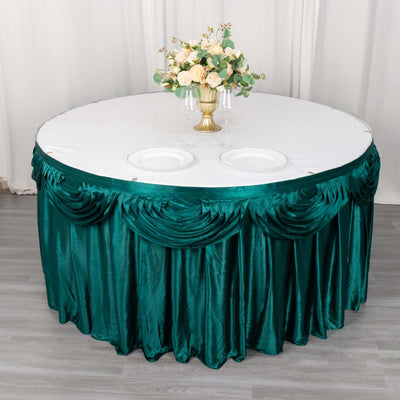 Satin 14ft Table Skirt Peacock Teal - Pleated Double Drape Table Cover - Table Skirts