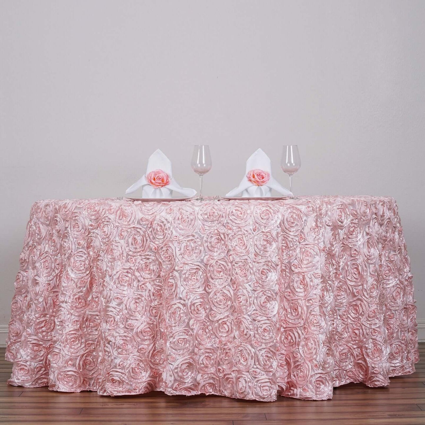 Satin 120" Round Tablecloth Blush - Grandiose 3D Rosette with Seamless Finish Table Cover