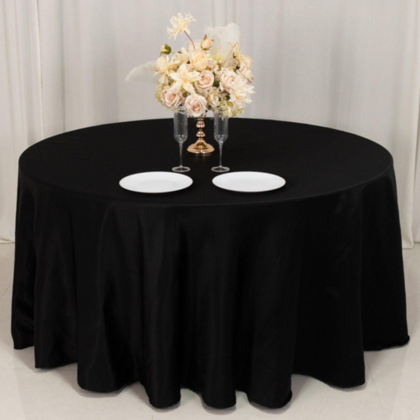 Lamour Satin 120" Round Tablecloth Black - Seamless Table Cover with Soft Tempered Sheen for Upscale Gatherings