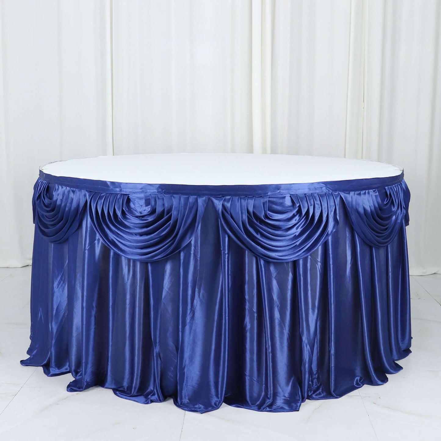 Satin 14ft Table Skirt Navy Blue - Pleated Double Drape Table Cover