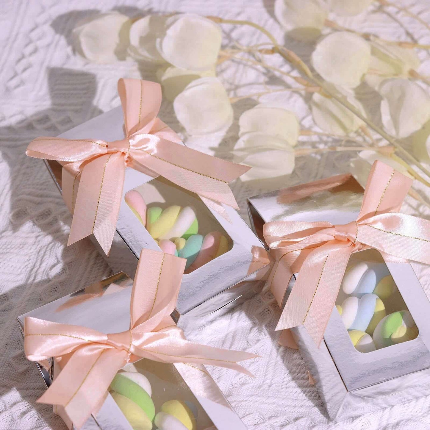 50 PCs 10" Blush Pre Tied Ribbon Bows, Satin Ribbon With Gold Foil Lining For Gift Basket and Party Favors Decor