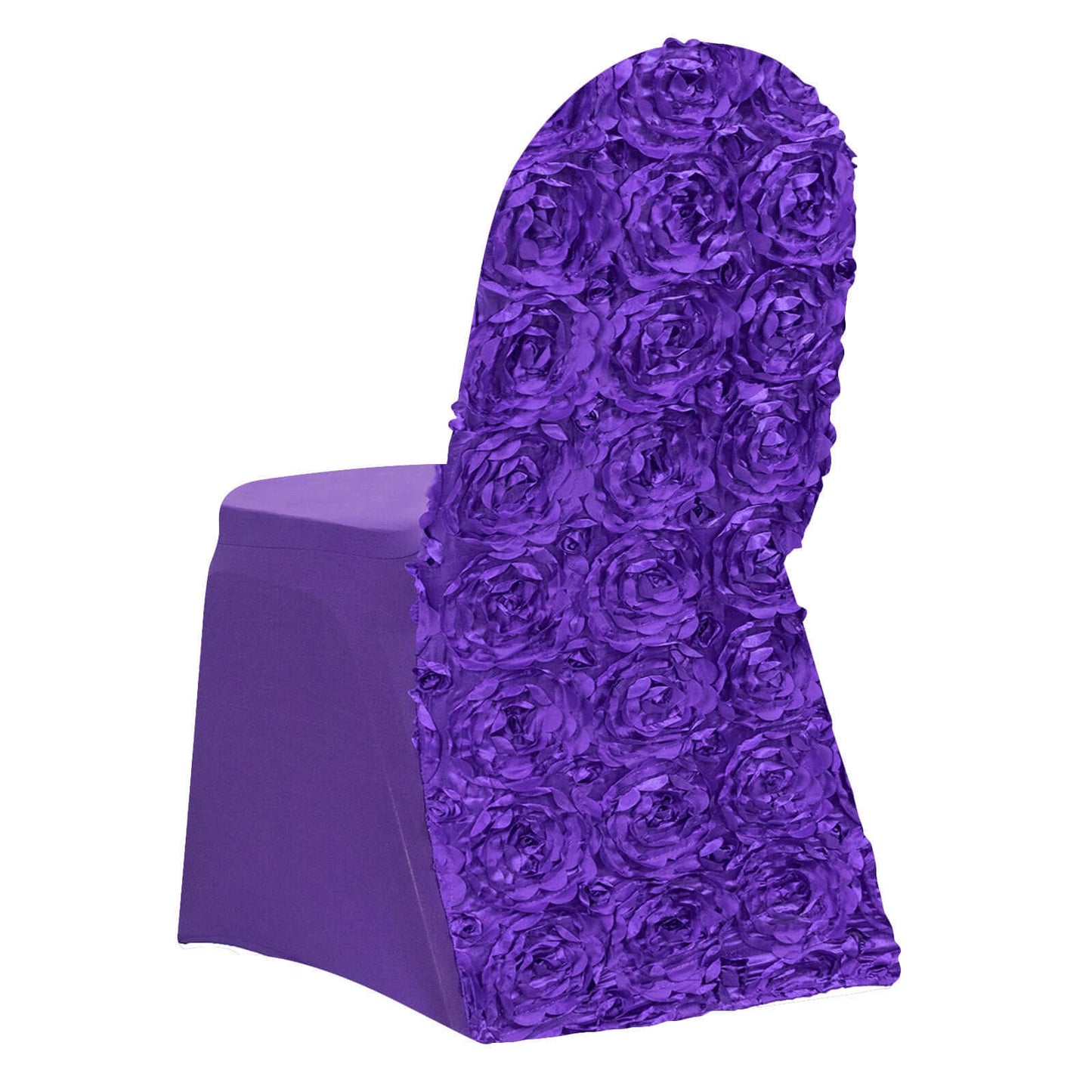 Satin Rosette Chair Cover for Banquet Chairs Purple - Stretch Fitted Slip-On Slipcover